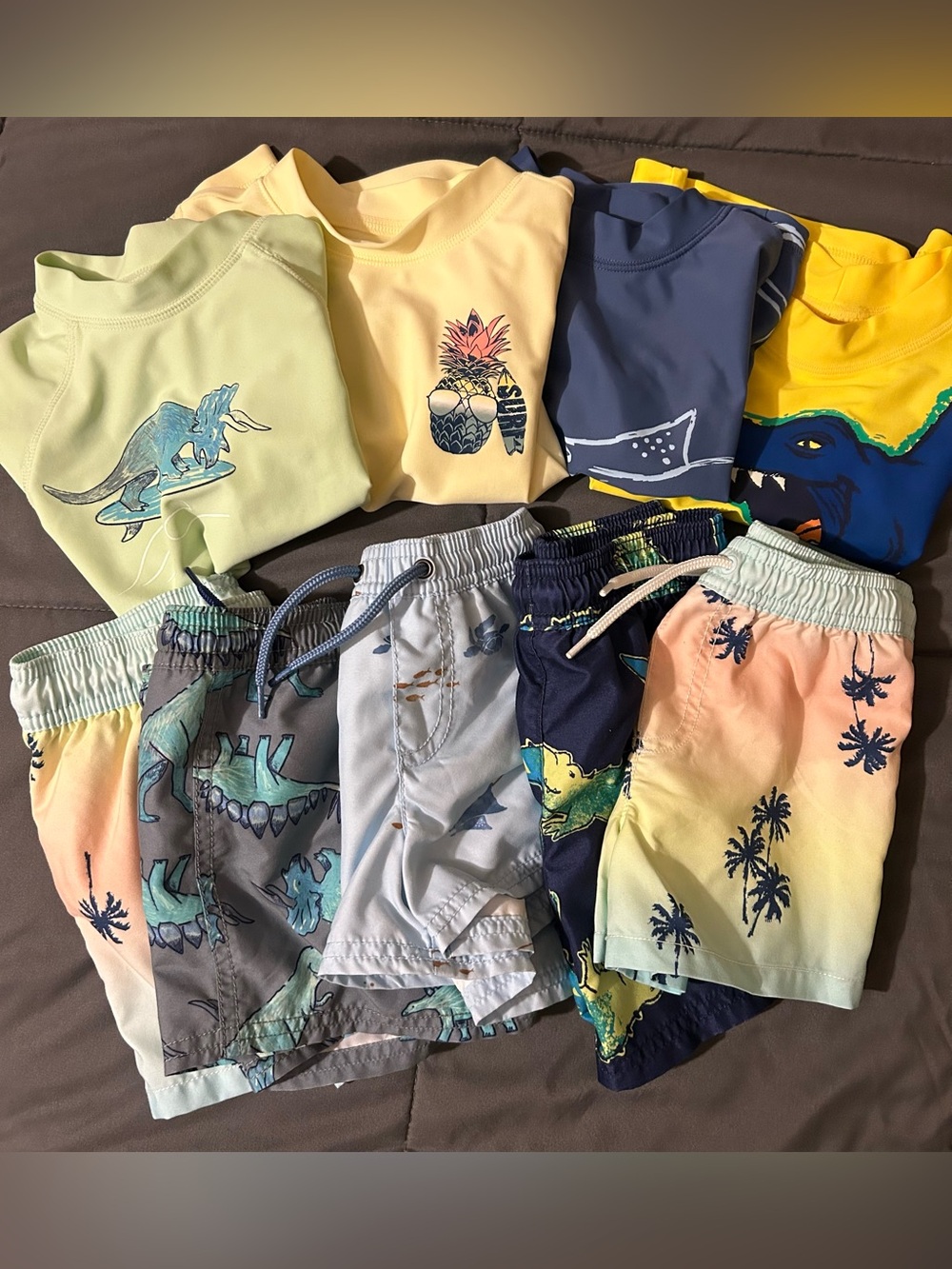 Kids Swim Set - Tropical & Dino Prints in Pastel Yellow, Mint, Navy